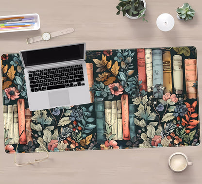 Floral Books Desk Mat Reading Desk Pad Mouse Mat XXL, Colorful Mouse Keyboard Pad Flower Bookshelf Desktop Mat, Long Computer Mats Aesthetic Desk Accessory Reader's Home Decor 31.5" x 15.7"