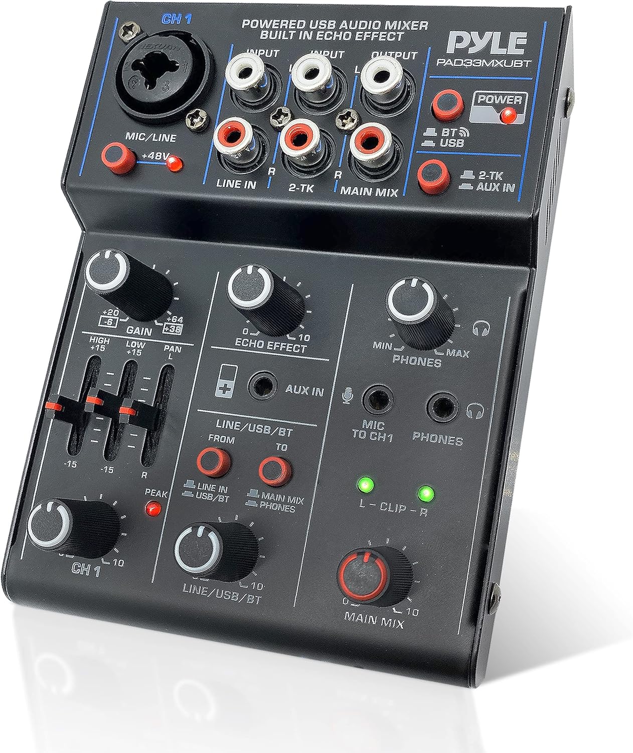 Pyle 3-Channel Professional Wireless DJ Audio Mixer - Bluetooth 5.0 - USB Interface - XLR+6.35mm Mic/Line/Guitar Input - 3.5mm Mic Input - RCA - AUX - Headphone Jack - +48V Phantom Power - PAD33MXUBT