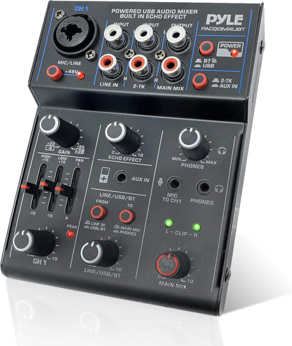 Pyle 3-Channel Professional Wireless DJ Audio Mixer - Bluetooth 5.0 - USB Interface - XLR+6.35mm Mic/Line/Guitar Input - 3.5mm Mic Input - RCA - AUX - Headphone Jack - +48V Phantom Power - PAD33MXUBT