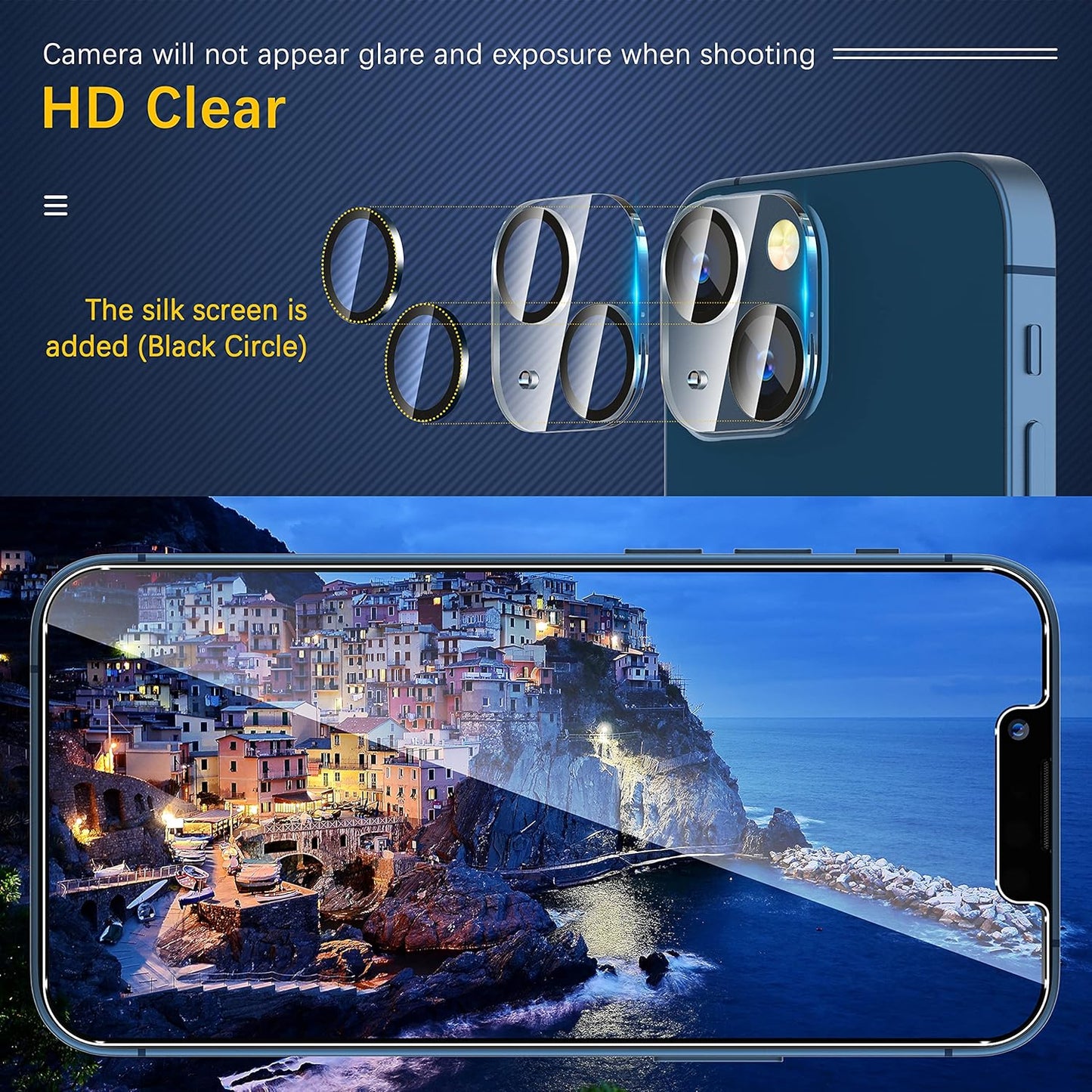 UniqueMe [3 Pack] for iPhone 13 / iPhone 13 Mini Camera Lens Protector, Tempered Glass [Case Friendly][New Version][Scratch-Resistant][Easy Installation] - Black Circle