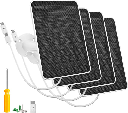 5W Solar Panel Charger Compatible with Arlo Essential 2K Outdoor Camera(2nd Gen)/Essential Outdoor XL(2nd Gen)/Essential Spotlight, IP65 Waterproof 10ft USB-C & Micro USB Cable & Wall Mount, 4 Pack