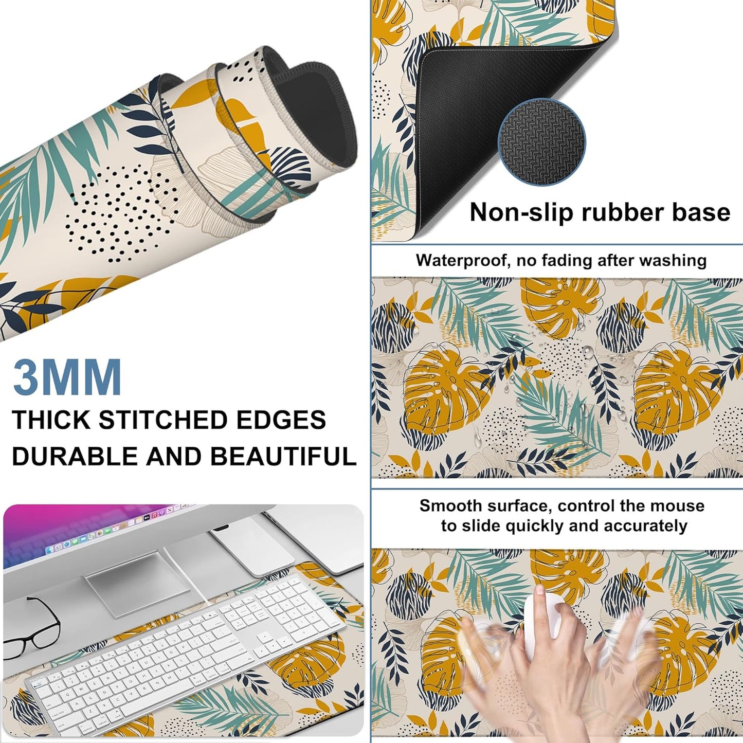 Large Mouse Pad Palm Leaves Gaming Desk Pad Computer Keyboard Non-Slip Waterproof Mouse Mat with Rubber Base and Stitched Edges Entertainment Office Writing Desk Mat 35.4 x 15.7 Inches
