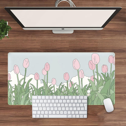 WatercolorTulip Flower Mouse Pads,Extended Gaming Mousepad XXL Kawaii Anime Desk Mat Pink Green Large Full Desk Mouse Pad for Wireless Mouse Keyboard Mat with Stitched Edges 31.5" x15.75
