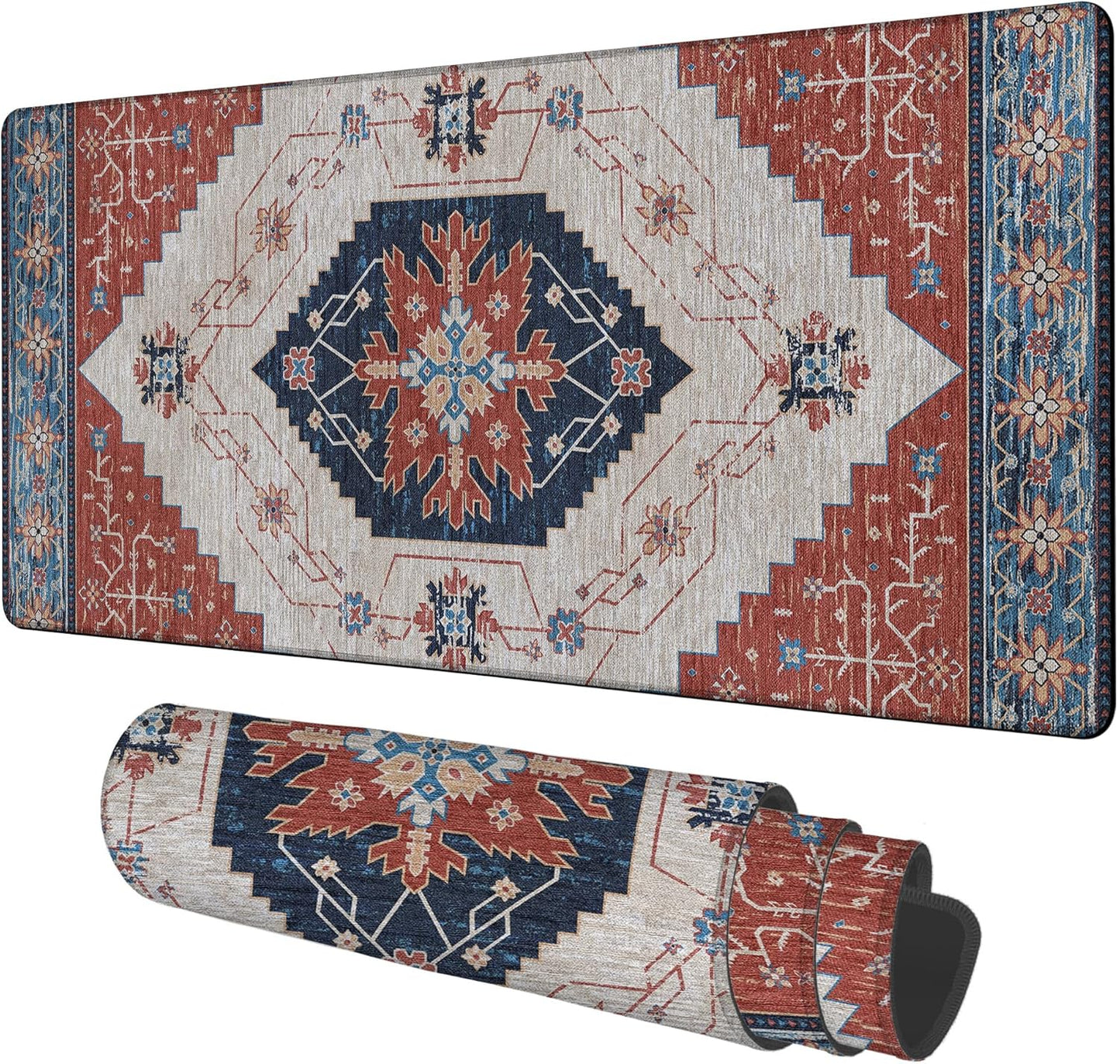 Vintage Style Rug Gaming Mouse Pad 3mm Thick Stitched Edge Waterproof Non-Slip Large Computer Keyboard Mouse Mat,Suitable for Office Entertainment Decorative Desk Pad 35.4 x 15.7 Inches