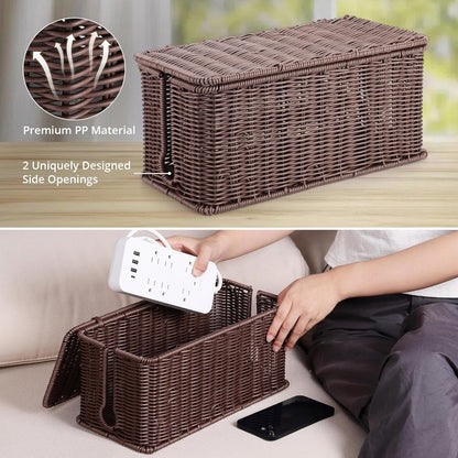 Large Cable Management Box, Handwoven Imitation Rattan Cord Organizer Cord Hider Box, Desk Cord Management Box to Hide Cords and Power Strips, Dark Brown