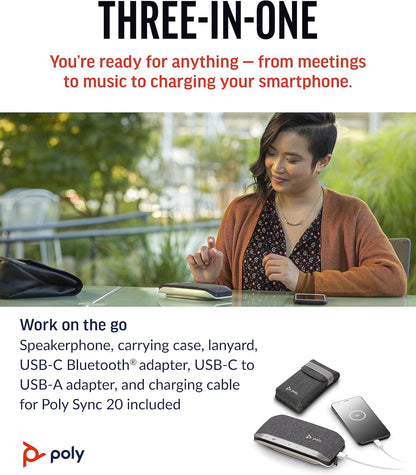 Poly Sync 20+ Personal Portable Bluetooth Speakerphone (Plantronics) – Noise/Echo Reduction – USB-C Bluetooth Adapter - Works w/Teams (Certified), Zoom, PC, Mac, Mobile – Amazon Exclusive