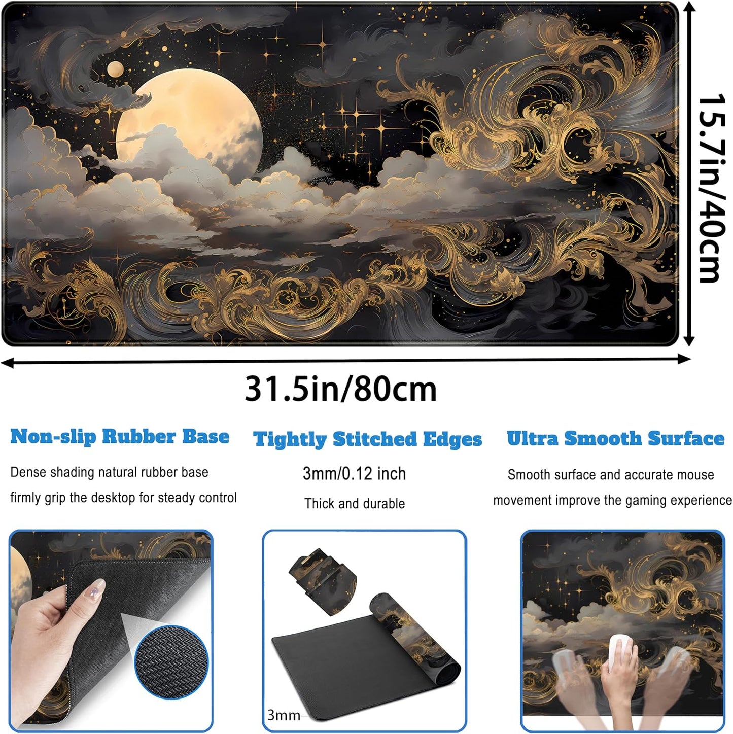 Golden Moon Desk Pad Black Desk Mat XXL Mouse Gaming Pads, Starry Sky Keyboard Pads Extra Large Desktop Computer Mats with Non-Slip Base & Stitched Edges, Vintage Office Decor 31.5" x 15.7"