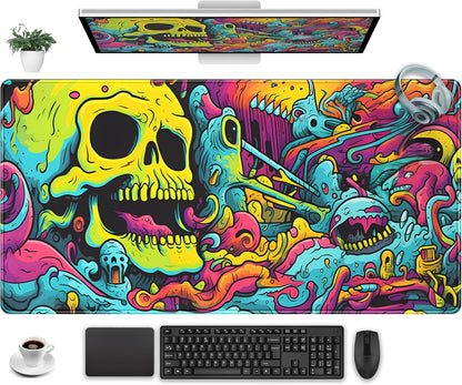 Gaming Desk Mat Skull Desk Pad Extended Mouse Pad XXL, Cool Mouse and Keyboard Mat Big Desktop Mats for Desk, Laptop Mat with Non-Slip Base & Stitched Edges, Office Decor for Men 31.5" x 15.7"