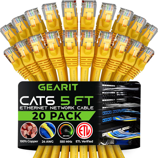 GearIT Cat 6 Ethernet Cable (20-Pack 5 Feet) Cat6 Network Patch, 10Gbps, RJ45, Snagless Cord, Gold-Plated Connectors, Internet for PC, TV, Tablet, Router, Printer, Servers, IT Data Center - Yellow