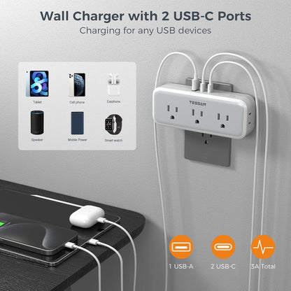Multi Plug Outlet Extender, Wall Charger, TESSAN Multiple Plug Surge Protector, 5 Outlets and 3 USB (2 USB C), Electrical Power Expander with Surge Protector Spaced for Home Office Dorm Room