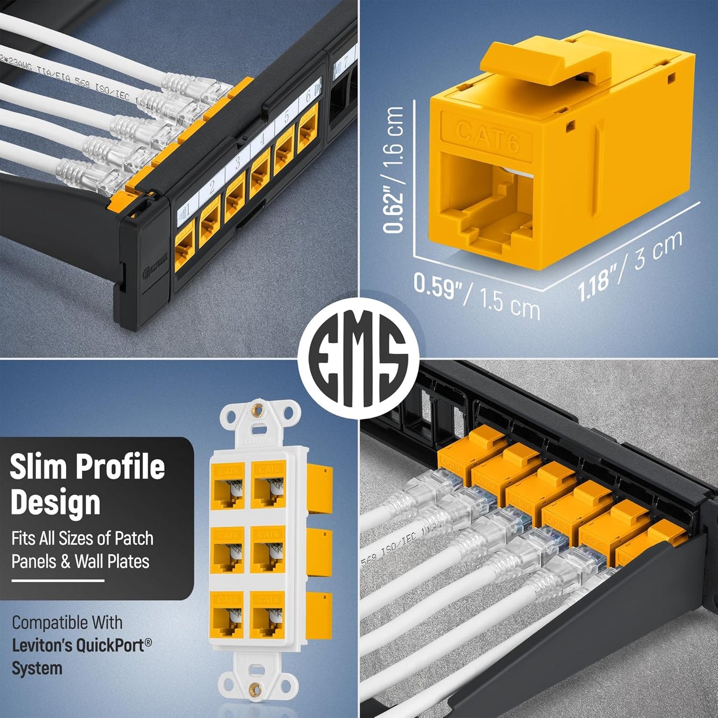 Everest RJ45 CAT6 Keystone Coupler in Yellow (48-Pack) - RJ45 Coupler - Cat6 Keystone Jacks