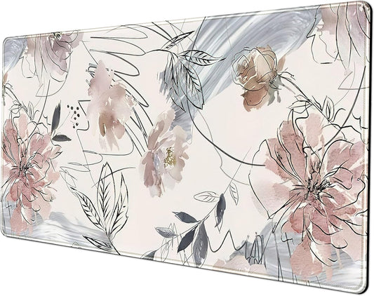 Desk Mat, Abstraction Hand Painted Flowers Extended Gaming Mouse Pad (31.5x15.75 in), Cute Large Non-Slip Rubber Base Mousepad with Stitched Edges, Keyboard Mouse Mat Desk Pad for Game Office