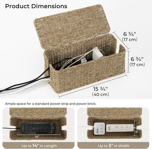 StorageWorks Large Cable Management Box, 2 Slots Wicker Cable Organizer to Hide Cords and Power Strip, Seagrass Cord Hider Box for Home & Office