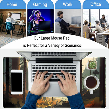 Desk Mat Gaming Desk Pad Valleys, Forest Mouse Pad XXL Extended Large Mouse and Keyboard Mat, Computer Desktop Mat with Non-Slip Base & Stitched Edges, Aesthetic Nature Desk Decor 31.5" x 15.7"