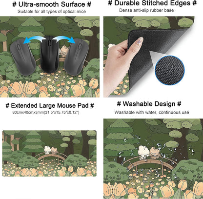 Anime Forest Desk Mat,Cute Green Mouse Pad,Kawaii Aesthetic Full Desktop Pad XXL Gaming Mousemat XL, Extended Korean Animals Bear Bunny Keyboard Mat Large 31.5x15.7 Inch Non-Slip&Stitched Edges