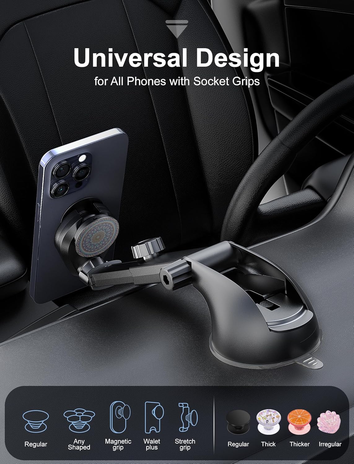 TOPGO [2024 Upgraded] Socket Car Phone Mount, [Extra Sticky, Non-Shaking] Multi-Functional Suction Cup Dashboard & Windshield Car Phone Holder for iPhone and All Smartphones with Socket Grip