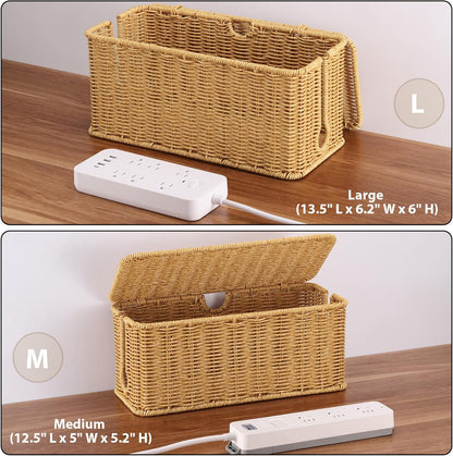 2Pack Large Cable Management Box, Handwoven Imitation Rattan Cord Organizer wire Hider Box, Desk Cord Management to Hide Cords and Power Strips