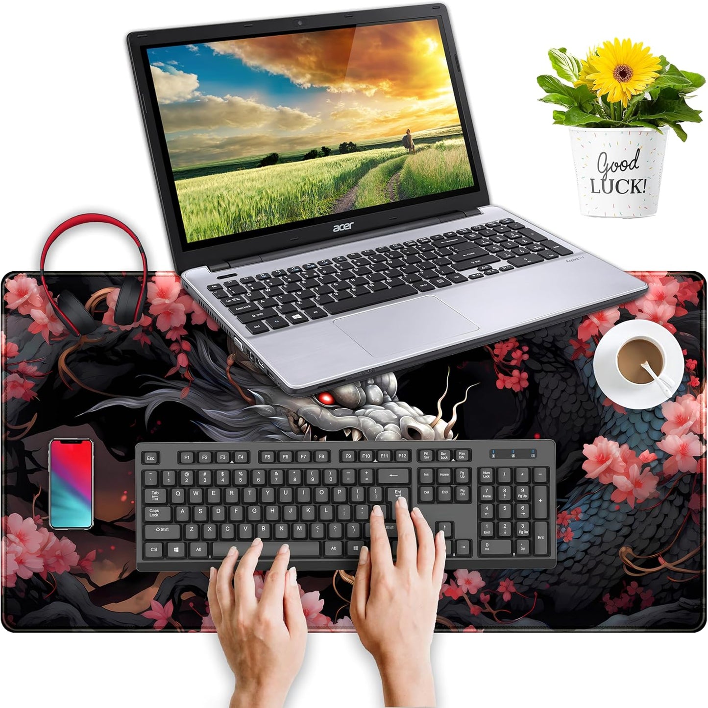 Cute Sakura Dragon Gaming Mouse Pad Kawaii XXL Large Extended Anime Desk Mat, Non-Slip Rubber Base Mousepad, Office Decor Desk Pad, Cool Keyboard and Mouse Mat with Stitched Edges, 31.5x15.75 in