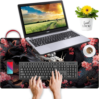 Cute Sakura Dragon Gaming Mouse Pad Kawaii XXL Large Extended Anime Desk Mat, Non-Slip Rubber Base Mousepad, Office Decor Desk Pad, Cool Keyboard and Mouse Mat with Stitched Edges, 31.5x15.75 in