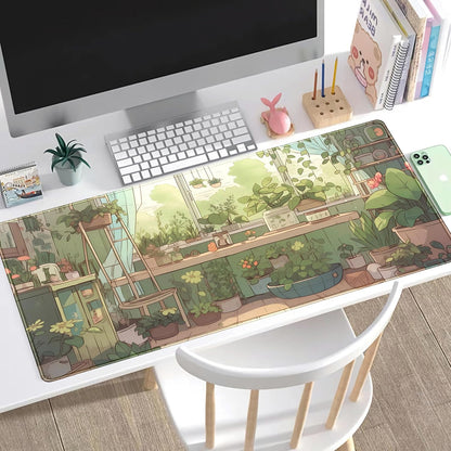 Cute Desk Mat Green Plants Gaming Mouse Pad XXL Large Extended Sage Laptop Keyboard and Mouse Mat with Stitched Edges, Computer Desktop Mat Playmat for Women Office Desk Decor Pad Mat 31.5x15.7 in