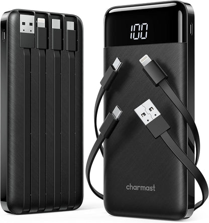 2 Packs Portable Chargers with Built in Cables, 2PCS Slim 10000mAh Travel Essentials Battery Pack 6 Outputs 3A Power Banks for iPhone Samsung Pixel LG Moto iPad