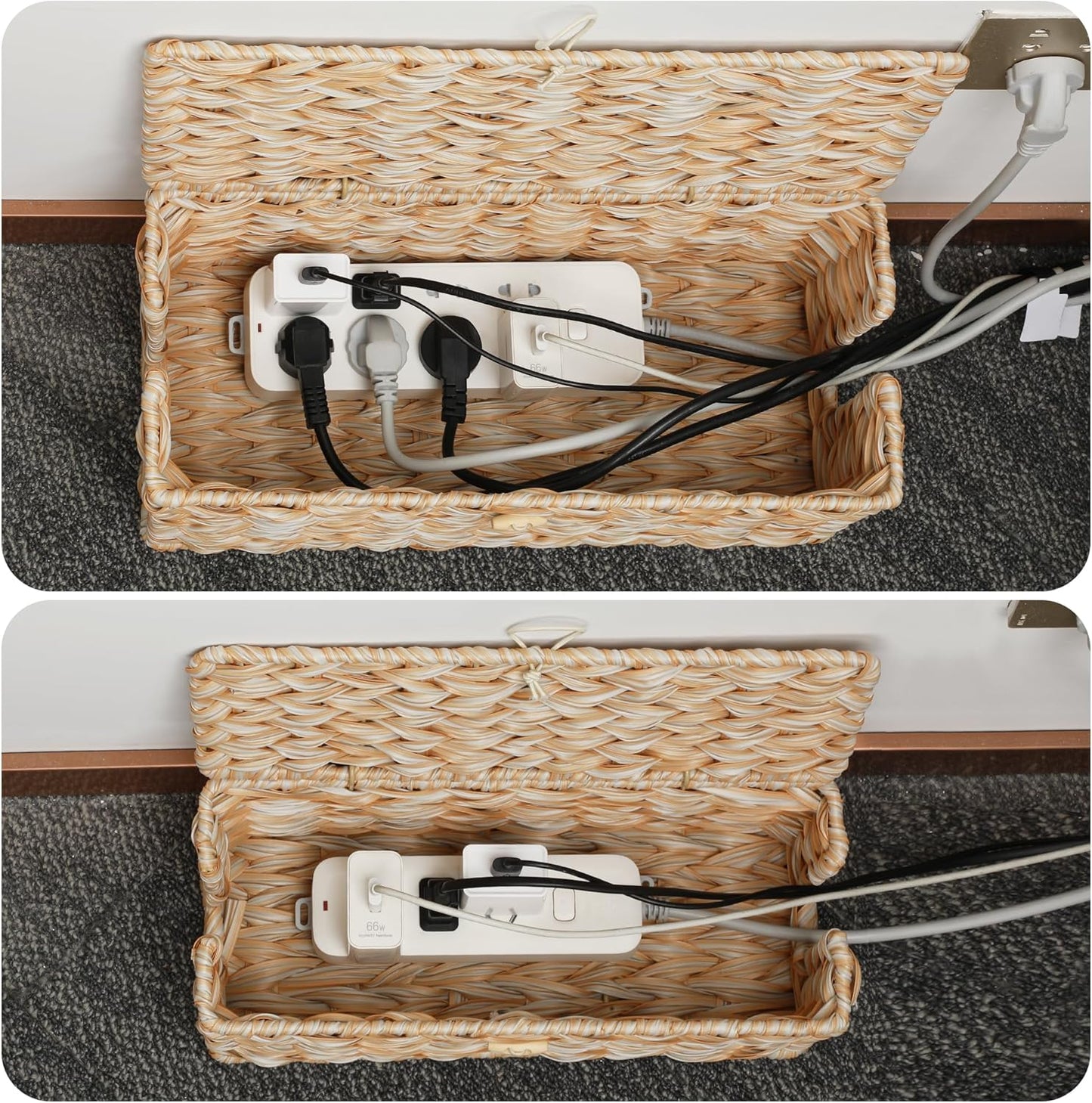 Posprica Cable Management Box with Lid, 2 Pack Handwoven Faux Ratten Cord Hider Organizer Boxes, 2 Side Open Slots Storage Box to Hide Cords and Power Strip for Desk, Floor, Office