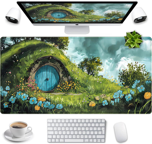 Cute Landscape Cartoons Desk Mat Aesthetic Gaming Mouse Pad XXL Large Extended Green Sage Desk Pad, Laptop Keyboard and Mouse Mat, Computer Desktop Mat Playmat, Women Desk Decor Pad 31.5x15.7 in