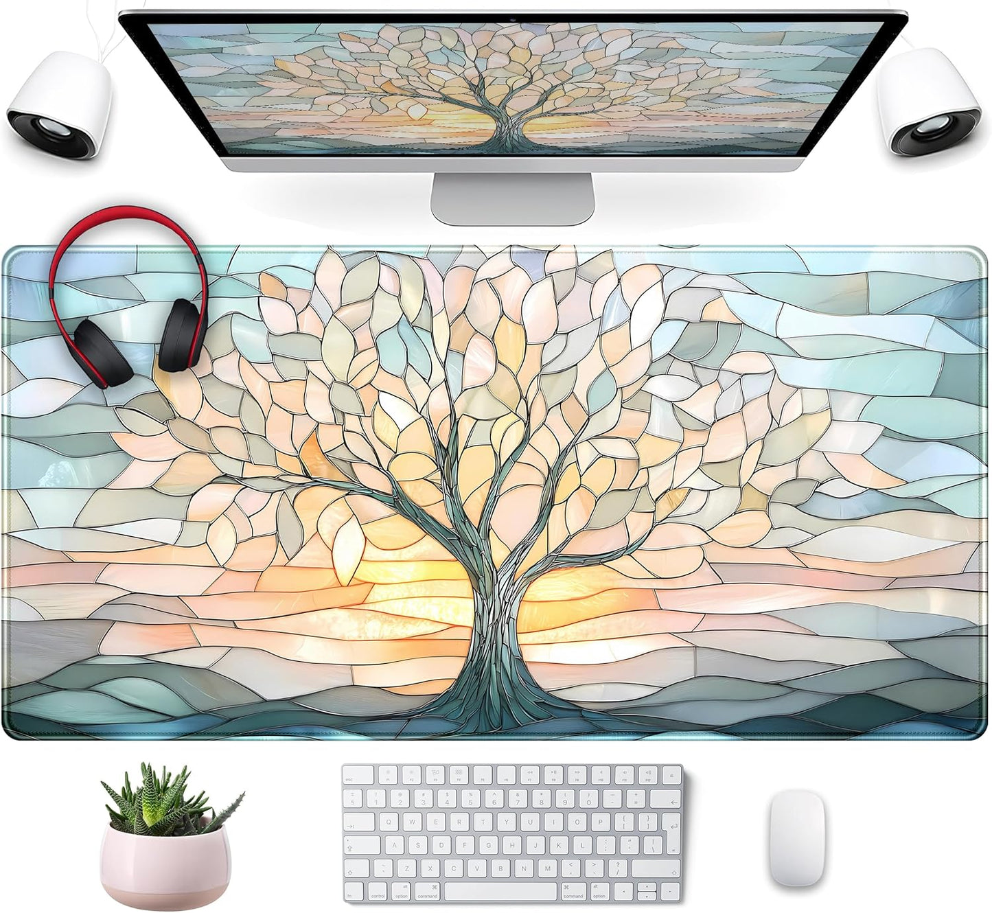 Desk Mat Cute Tree of Life Mouse Pad Gaming XXL Large Extended Desk Matt for Desktop, Faux Stained Glass Pastel Desk Pad, Laptop Computer Keyboard Mouse Mat, Office Decor Deskamt, 31.5x15.75 in