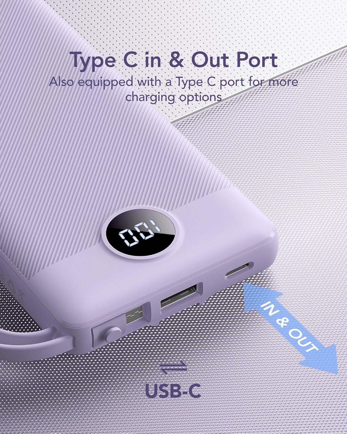 VRURC Portable Charger Power Bank, 10000mAh Travel Essentials Battery Pack, 5 Outputs 2 Inputs Slim Charging Bank Built-in Cables Cords Wires Compatible with iPhone,Samsung,Android-Lavender(1 Pack)