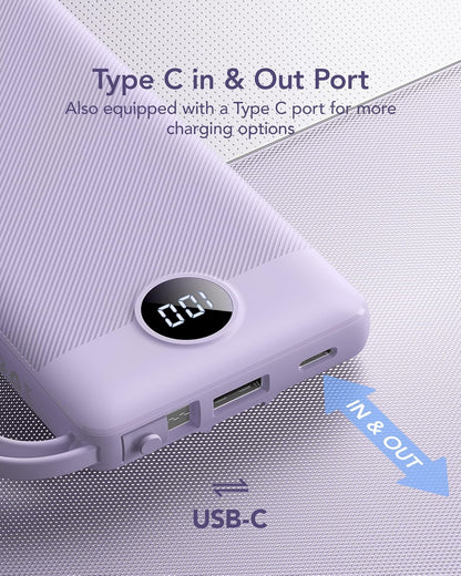 VRURC Portable Charger Power Bank, 10000mAh Travel Essentials Battery Pack, 5 Outputs 2 Inputs Slim Charging Bank Built-in Cables Cords Wires Compatible with iPhone,Samsung,Android-Lavender(1 Pack)