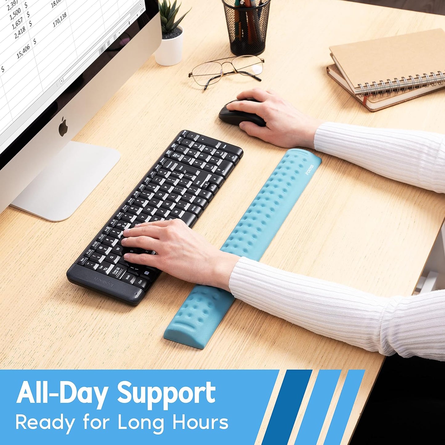 i-Rocks Memory Foam Keyboard Wrist Rest - Pain-Reducing Wrist Rest for Computer Keyboard - Non-Slip Rubber Base Wrist Rest - Cooling Keyboard Pad for Long Hours of Work, Studying, Gaming