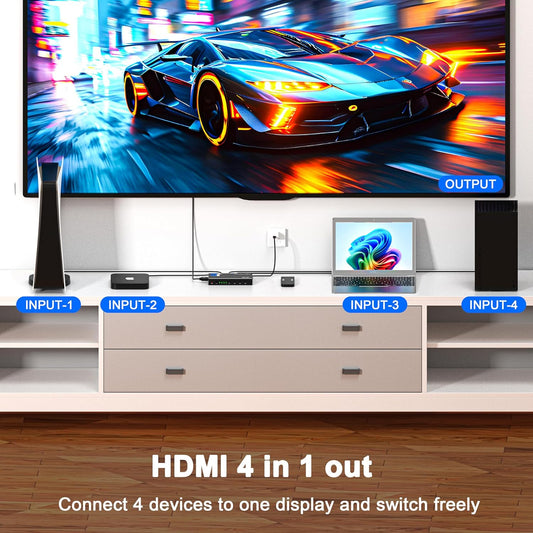 HDMI Switch 4 in 1 Out 4K@60Hz, 4 Ports HDMI Switcher Selector with Remote, Support HDCP 2.2 HD R10+ Dolby Vision/Atmos 18Gbps CEC for Apple TV Game PC PS4 5 Pro Xbox Roku