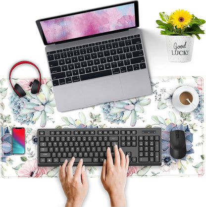 Watercolor Succulents Desk Mat, Plants Succulent Roses Desk Pad Protector, Large Gaming Mouse Pad, Stable Rubber Base Mousepad with Stitched Edges, Keyboard Mouse Mat for Work, Game, Office, Home