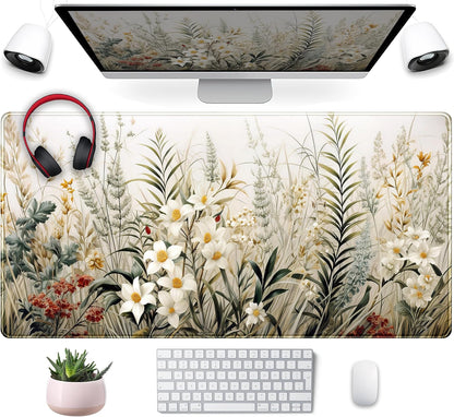 Beige Aesthetic Sage Desk Mat Cute Watercolor Flowers Mouse Pad Desk Pad, XXL Large Extended Gaming Anime Mousepad Big Keyboard Mouse Mat, Home Office Desktop Decor Deskpad for Women 31.5x15.75 in