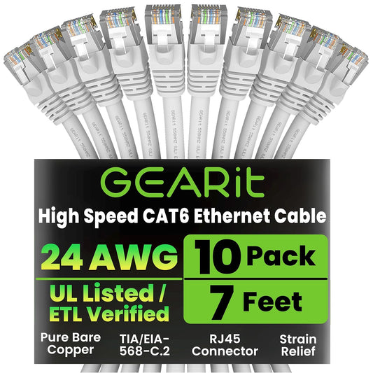 GEARit Cat 6 Ethernet Cable (10-Pack 7 Feet) Cat6 Network Patch, 10Gbps, RJ45, Snagless Cord, Gold-Plated Connectors, Internet for PC, TV, Tablet, Router, Printer, Servers, IT Data Center - White