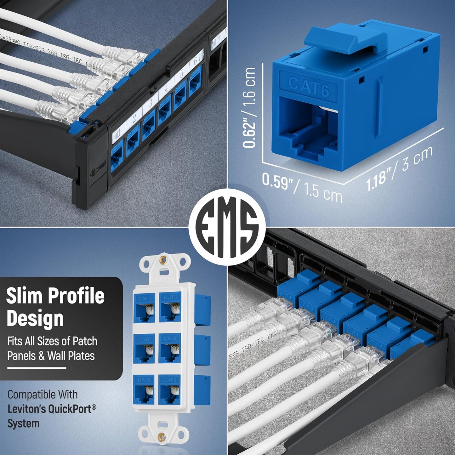 Everest Cat6 RJ45 Keystone Coupler (24-Pack) in Blue - RJ45 Coupler - Cat 6 Couplers - Female to Female Cat6 Keystone Jacks - Ethernet Couplers - Ethernet Cable Extender