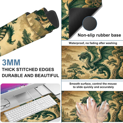 Vintage-Style Dragon Gaming Mouse Pad 3mm Thick Stitched Edge Waterproof Non-Slip Large Computer Keyboard Mouse Mat,Suitable for Office Entertainment Decorative Desk Pad 35.4 x 15.7 Inches