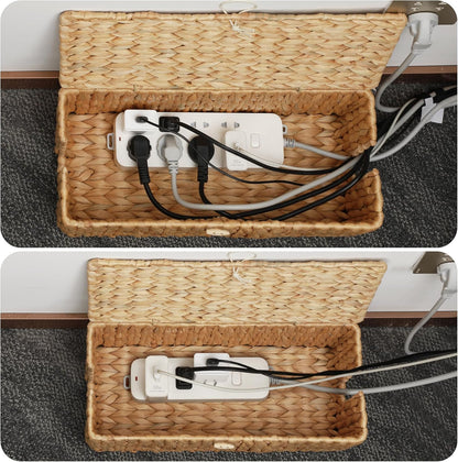 Posprica Cable Management Box with Lid, 2Pack Handwoven Real Water Hyacinth Cord Hider Organizer Boxes, 2 Side Open Slots Storage Box to Hide Cords Power Strip for Desk, Floor, Office
