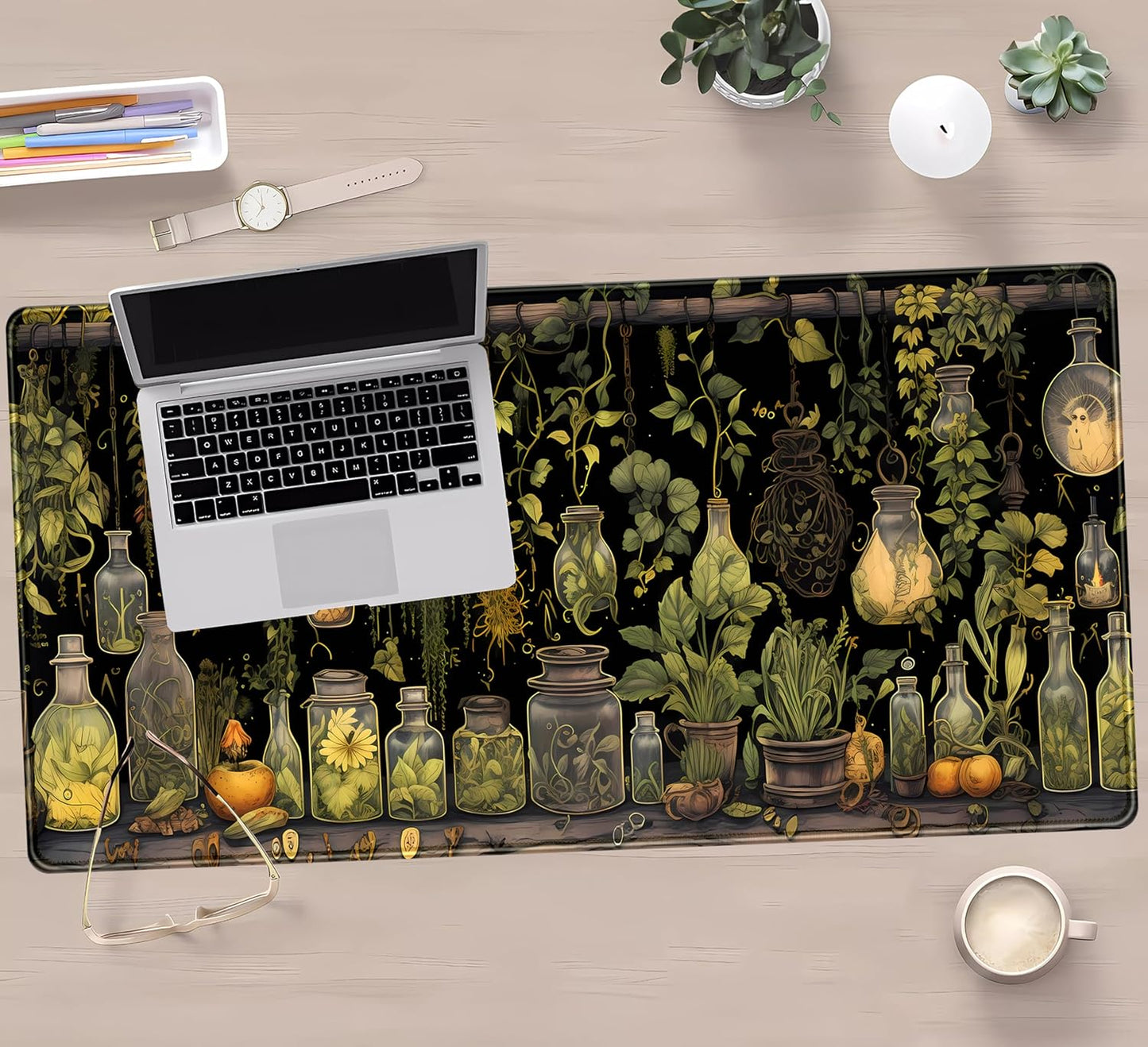 Desk Mat Green Plants Mouse Pad Gaming Mat Dark Keyboard Mat, Long Mouse Mat XXL Extended Desktop Mat Magical Bottles Computer Mats with Stitched Edges, Office Desk Accessory 31.5" x 15.7"