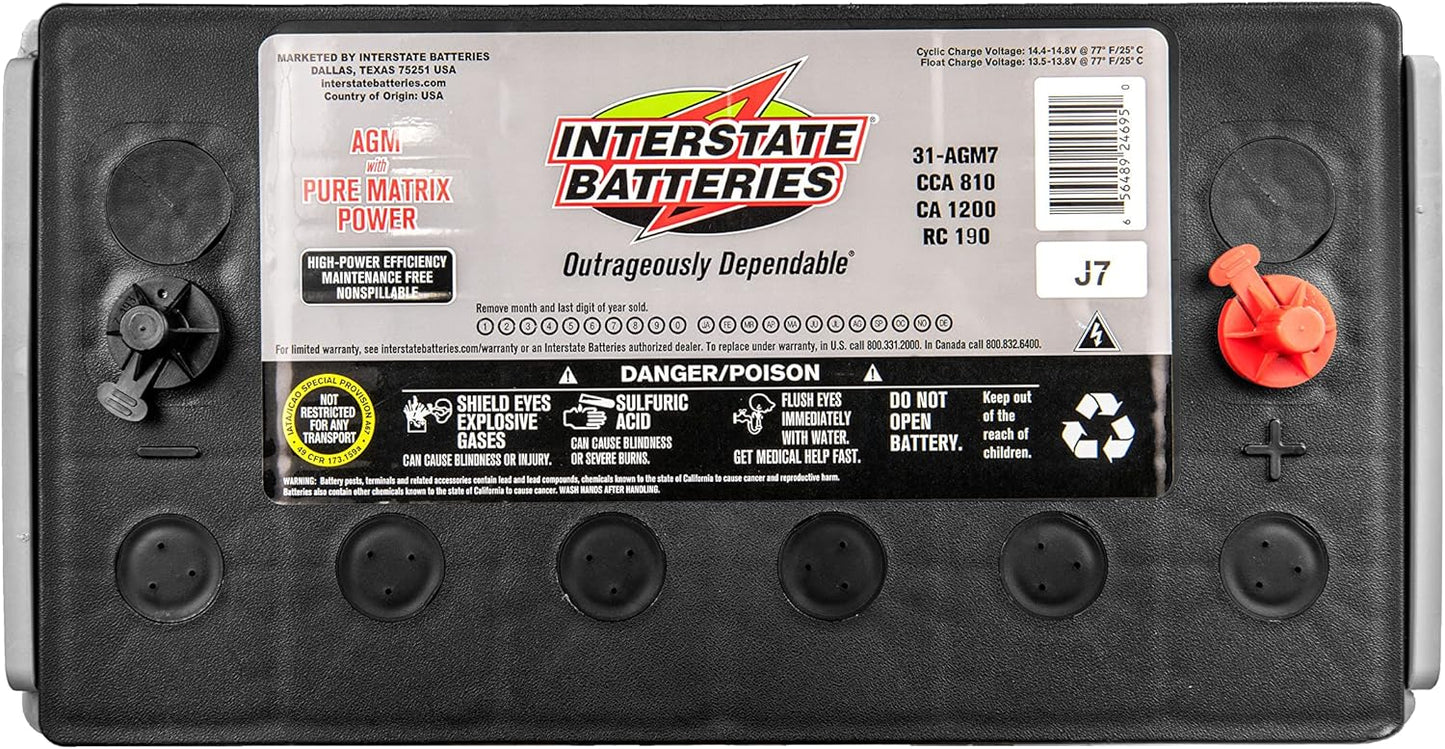 Interstate Batteries Heavy Duty Marine Deep Cycle Battery 12V 100Ah 925CCA (31-AGM7) Pure Matrix Power Commercial AGM Cranking Replacement (Group Size 31) GEM Cars, Yachts, Extra Fuel Tank Trucks