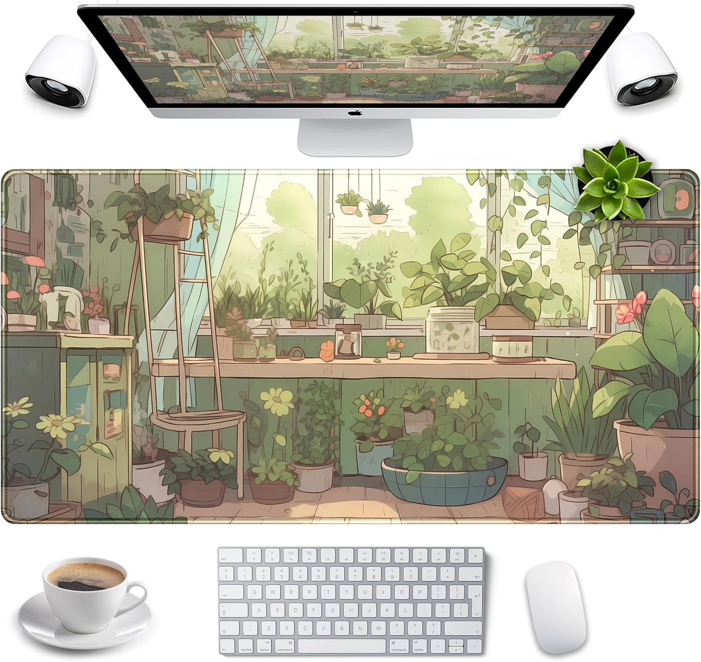 Cute Desk Mat Green Plants Gaming Mouse Pad XXL Large Extended Sage Laptop Keyboard and Mouse Mat with Stitched Edges, Computer Desktop Mat Playmat for Women Office Desk Decor Pad Mat 31.5x15.7 in