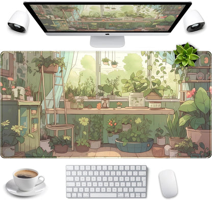 Cute Desk Mat Green Plants Gaming Mouse Pad XXL Large Extended Sage Laptop Keyboard and Mouse Mat with Stitched Edges, Computer Desktop Mat Playmat for Women Office Desk Decor Pad Mat 31.5x15.7 in