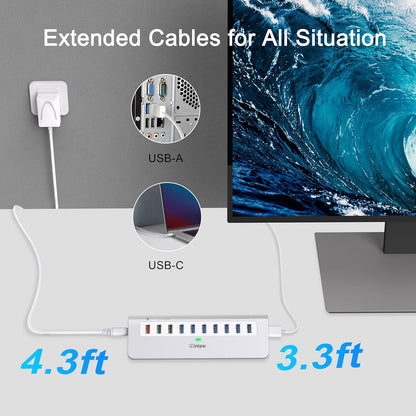 Powered USB Hub 10Gbps, 10 Port USB 3.1 Gen 2 Hub with 7 USB 3.1 Data Ports, 3 Fast Charging Ports, 36W Power Adapter, Type A and Type C Cable, Aluminum USB Data Hub for Mac, PC, Laptop