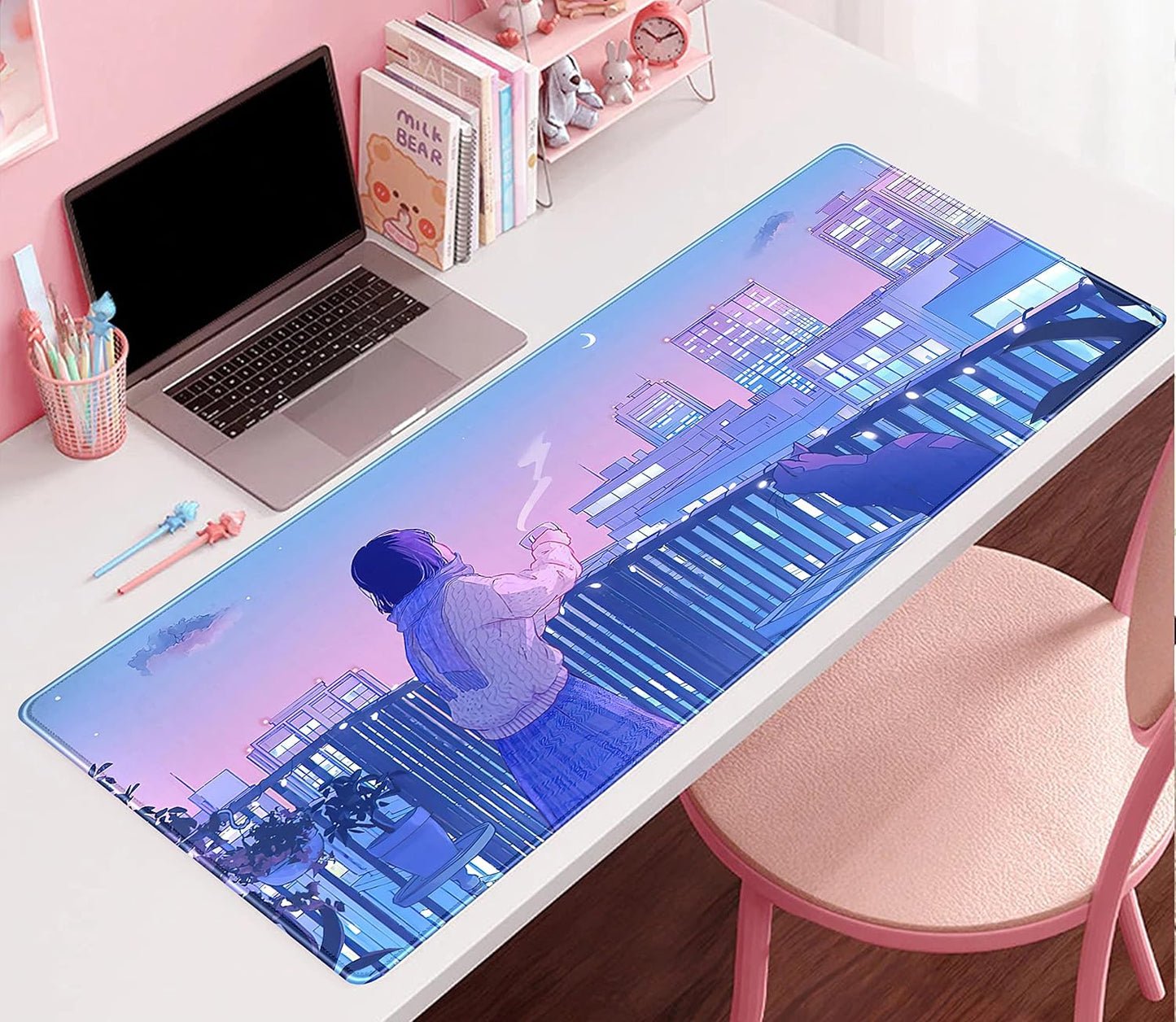 Purple Anime Kawaii Desk Mat Mousepad Cute Cat XXL Large Gaming Japanese Girly Aesthetic Mouse Pad Tokyo Street Desk Mat 31.5x15.75 in, Girl Gamer Desktop Mat Computer Laptop Keyboard Mouse Mat