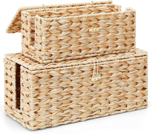 Posprica Cable Management Box with Lid, 2 Pack Handwoven Faux Ratten Cord Hider Organizer Boxes, 2 Side Open Slots Storage Box to Hide Cords and Power Strip for Desk, Floor, Office