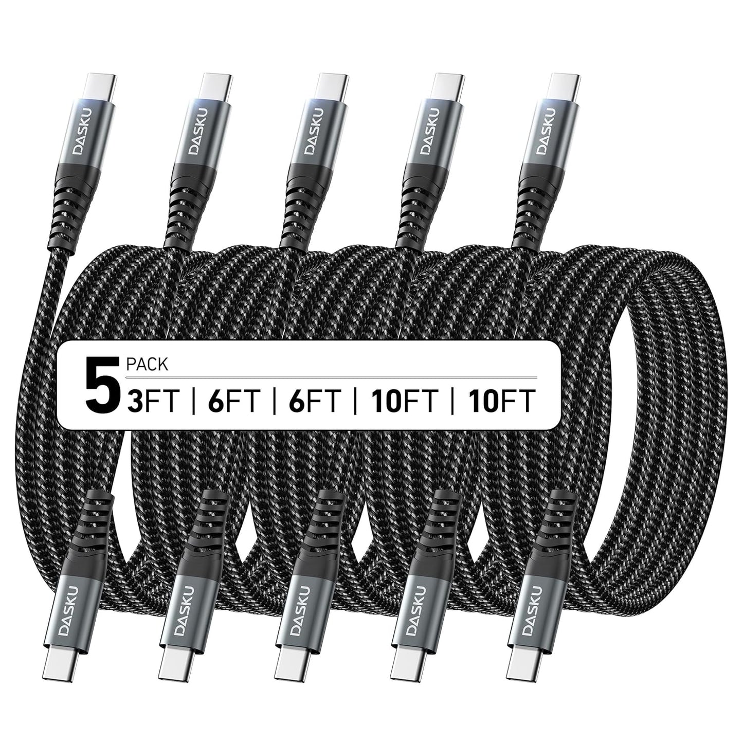 Dasku USB C to USB C Cable, 5 Pack [3/6/6/10/10FT] Charger Cable 60 W Fast Type C Charging Cord for iPhone 16 15 Pro Max Plus Samsung S23 Note 20 iPad Pro Air Mini MacBook LG and More