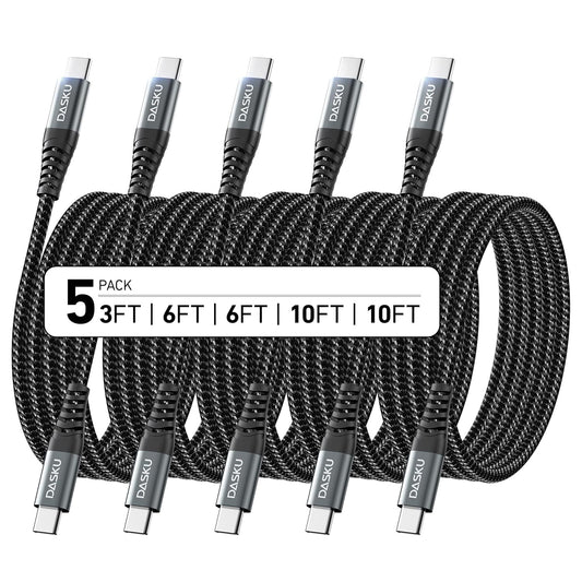Dasku USB C to USB C Cable, 5 Pack [3/6/6/10/10FT] Charger Cable 60 W Fast Type C Charging Cord for iPhone 16 15 Pro Max Plus Samsung S23 Note 20 iPad Pro Air Mini MacBook LG and More
