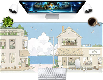 Cute Desk Mat Kawaii Mousepad Japanese Street Mouse Pad, Blue and Brown Cute Anime Keyboard Mat 31.5"x15.75", Large Mouse Pad XXL Gaming Desk Pad XL Office Decor for Women Girls Laptop Keyboard Pad