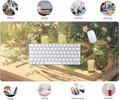 Cute Desk Mat Green Sage Mouse Pad Anime Forest XXL Large Extended Gaming Mousepad Desk Matt for Desktop Computer Pad Mat, Laptop Keyboard Mouse Mat Office Decor Accessories for Women, 31.5x15.7 in