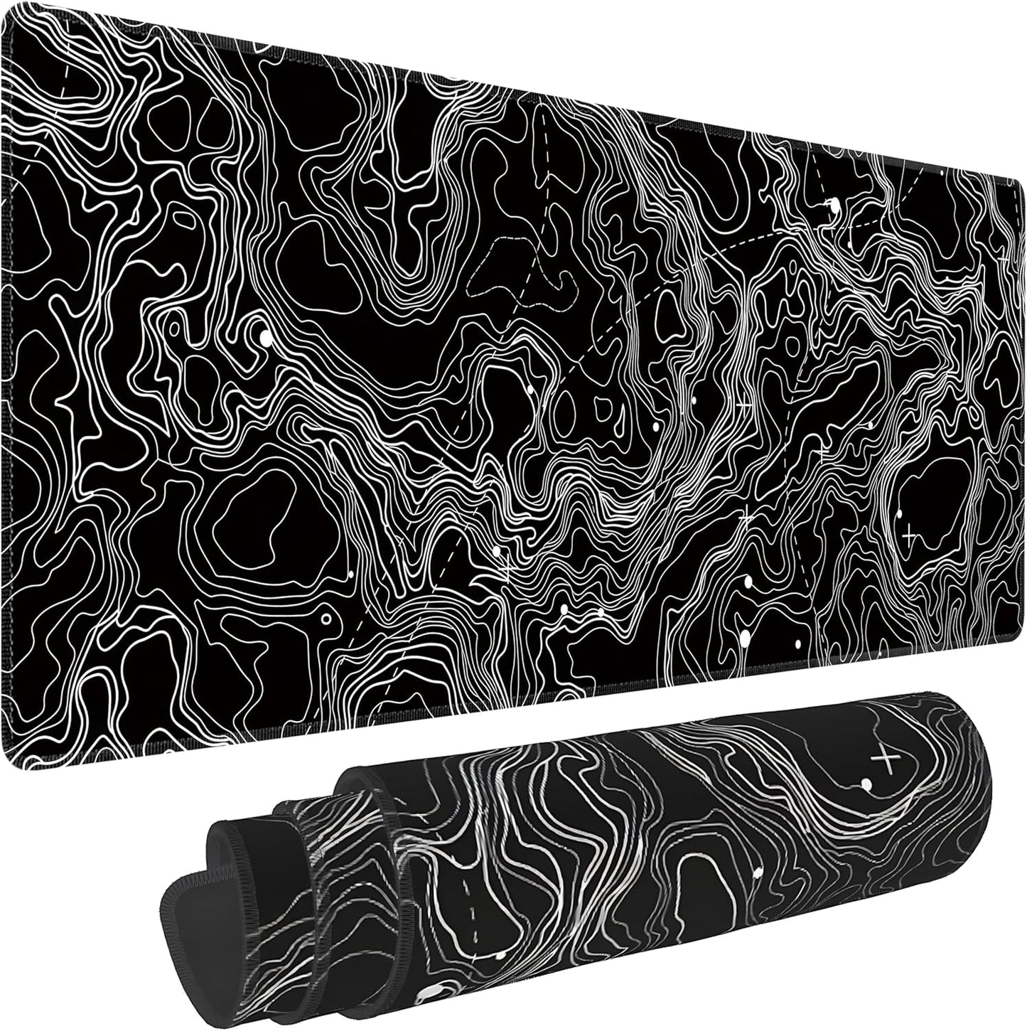 Black with White Topographic Line Large Mouse Pad,Gaming Keyboard Desk Pad,Extended Mouse Mat Non-Slip Rubber Base with Stitched Edges for Office Game Home XL 31.5"x11.8"
